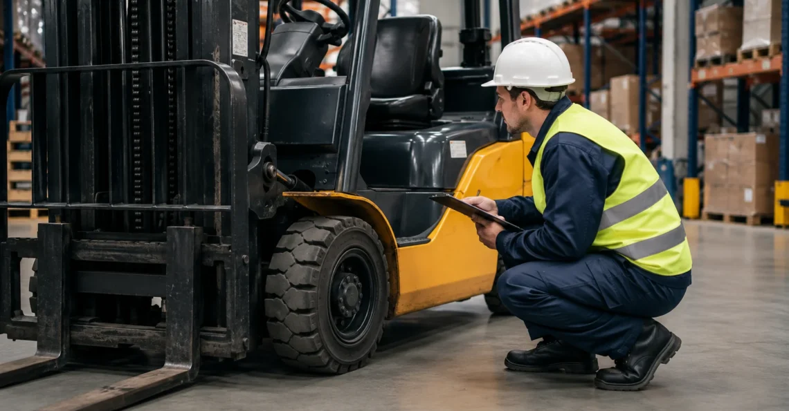 Forklift periyodik kontrolü yapan mühendis