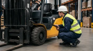 Forklift periyodik kontrolü yapan mühendis