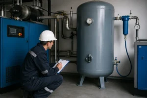 Kompresör ve hava tankı periyodik kontrolü yapan mühendis