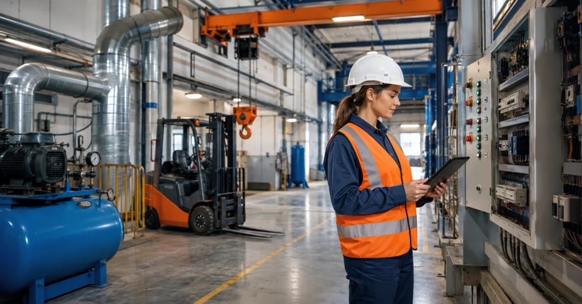 İş ekipmanları, elektrik panosu, forklift ve basınçlı kapların periyodik kontrol sürecini temsil eden endüstriyel denetim görseli.