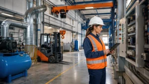 İş ekipmanları, elektrik panosu, forklift ve basınçlı kapların periyodik kontrol sürecini temsil eden endüstriyel denetim görseli.