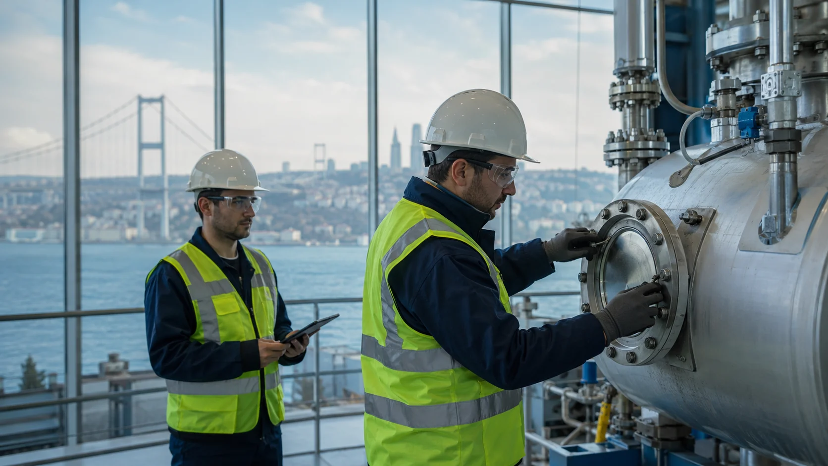 İstanbul periyodik kontrol hizmeti kapsamında basınçlı ekipmanı inceleyen mühendisler