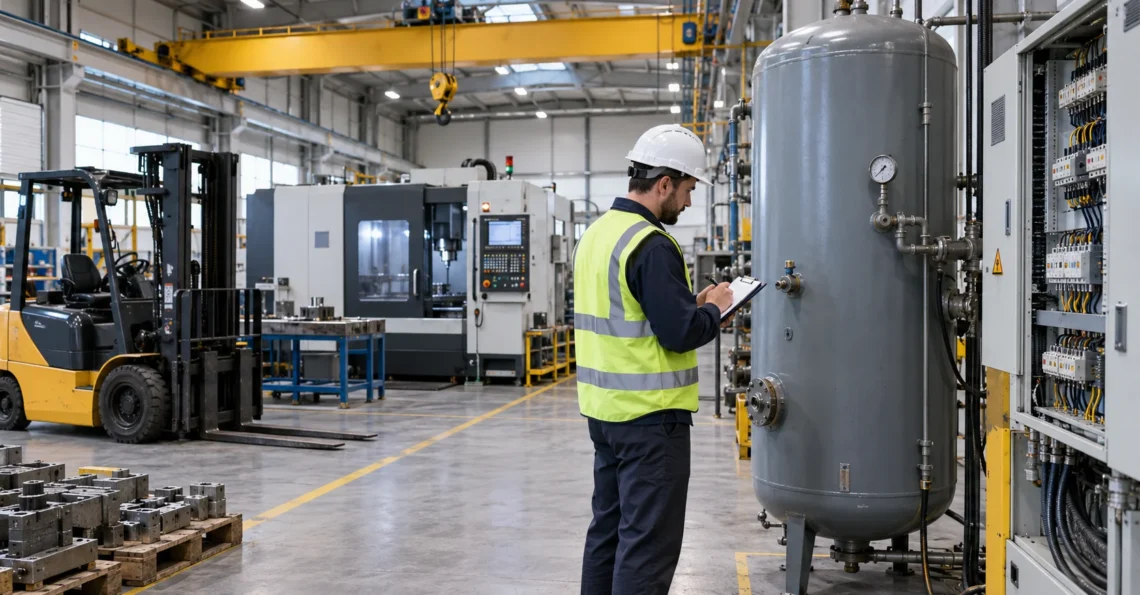 Fabrikada periyodik kontrol kapsamında vinç forklift basınçlı kap ve üretim ekipmanlarının teknik olarak incelenmesi