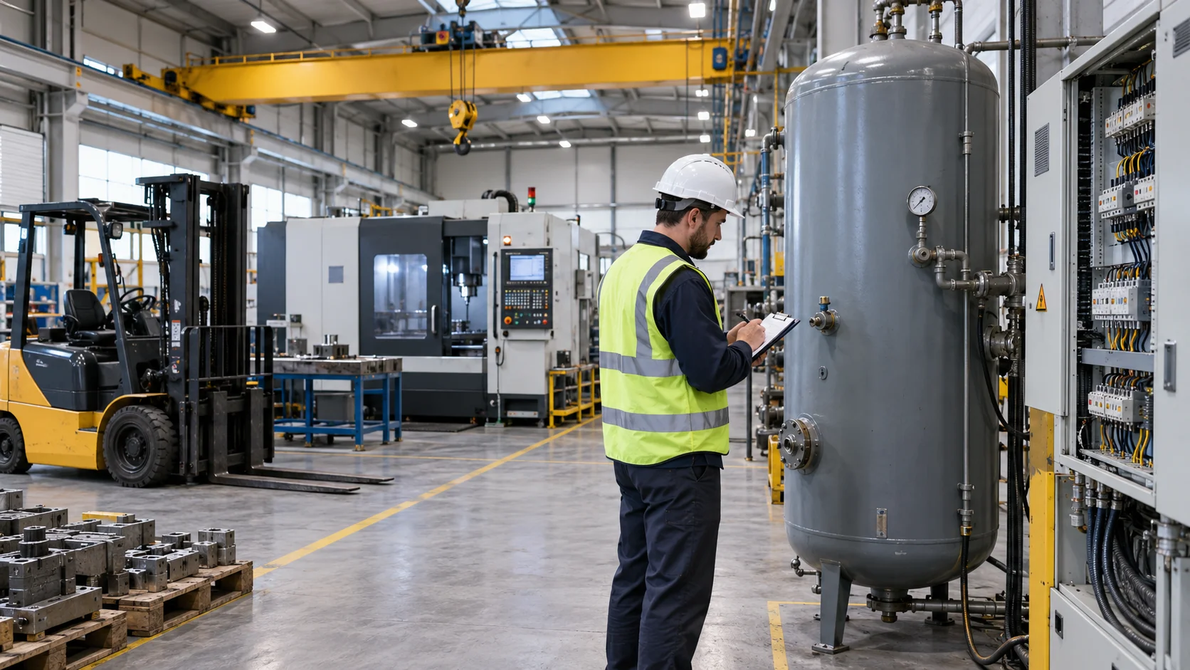 Fabrikada periyodik kontrol kapsamında vinç forklift basınçlı kap ve üretim ekipmanlarının teknik olarak incelenmesi
